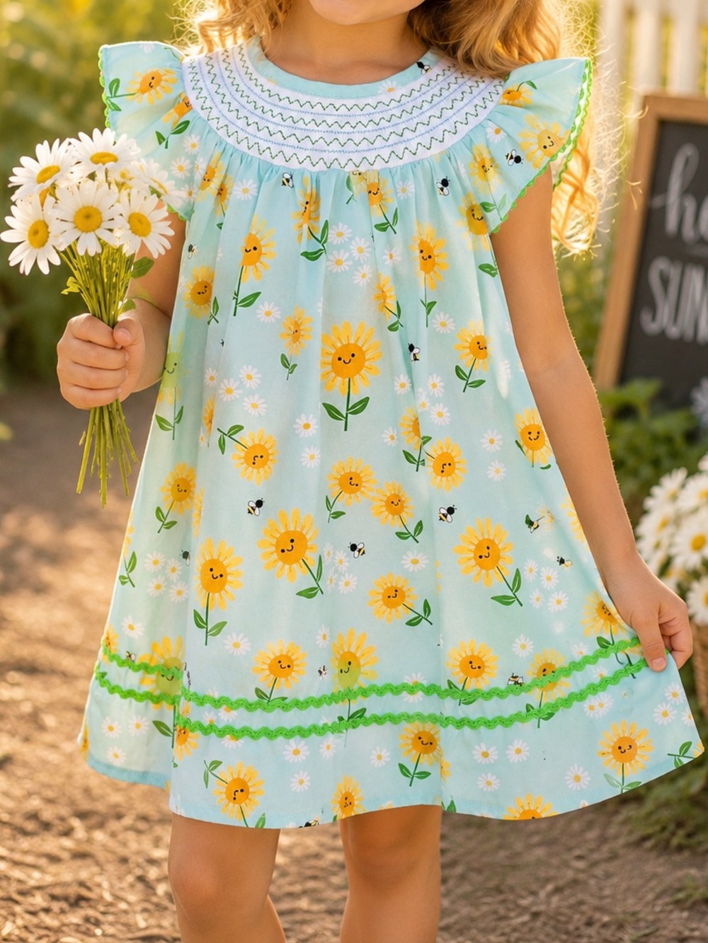 Boutique Smocked Sunflower Bee Blue Flutter Sleeve Dress Girls Small (4T)